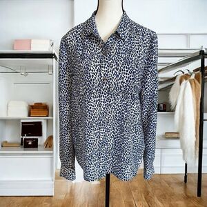 Juicy Couture Blue and White Cheetah Print Long Sleeve Button Up Blouse